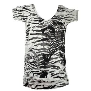 BLVD Zebra Print Ruched Graphic Tunic Top Short Sleeve Scoop Neck White Black